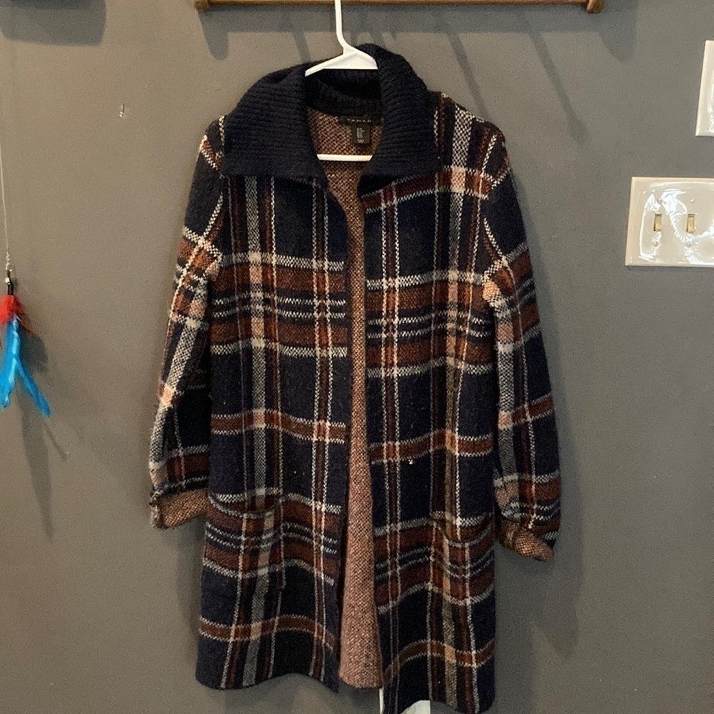 Tahari Navy and Brown Plaid Sweater Coat